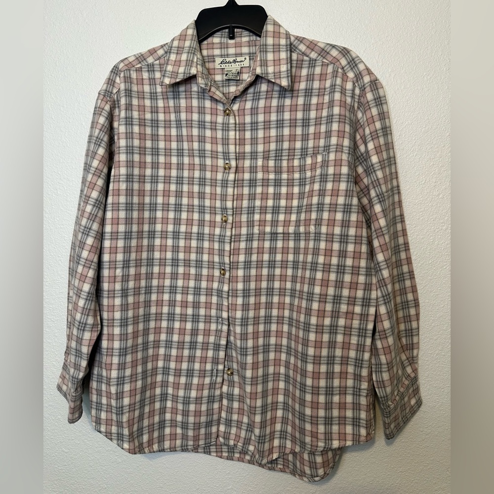 Vintage 90s Eddie Bauer Flannel Shirt Women Size M Pink Plaid Long Sleeve